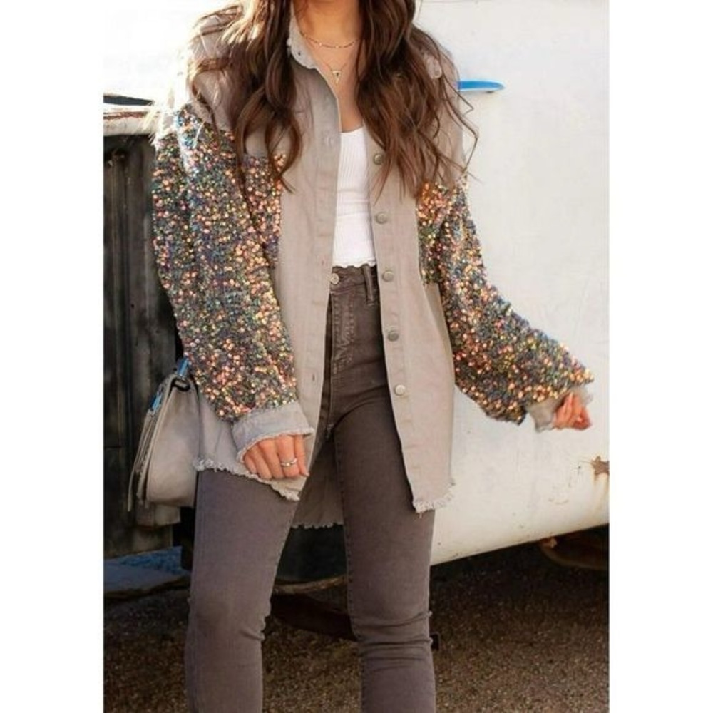 NWT Fantastic Fawn Light Grey Sequin Sleeve Shacket Oversized Jacket size S - Picture 10 of 16